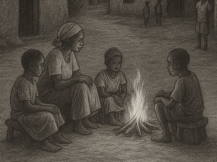 Evening falls in a Nigerian village, evoking the traditional setting of moonlight storytelling.
